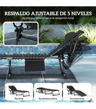Set de 2 Tumbonas Plegables con Reposacabezas Bolsillo Lateral y Respaldo Reclinable en 5 Posiciones Negro