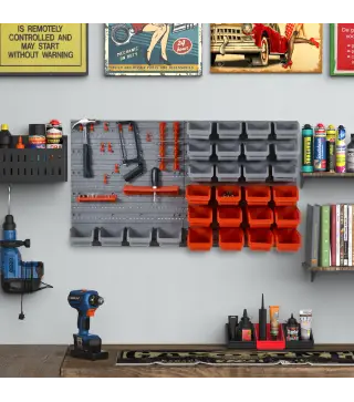 Estantería de Pared para Herramientas de 44 Piezas 95x54 cm con 28 Cajas Apilables y Diferentes Ganchos Gris y Rojo