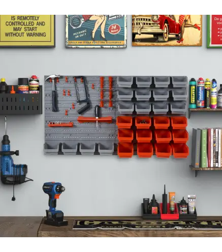 Estantería de Pared para Herramientas de 44 Piezas 95x54 cm con 28 Cajas Apilables y Diferentes Ganchos Gris y Rojo