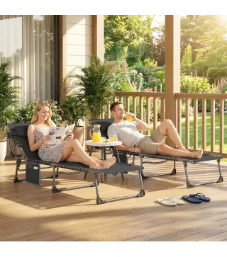 Set de 2 Tumbonas Plegables con Reposacabezas Bolsillo Lateral y Respaldo Reclinable en 5 Posiciones Negro