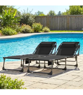 Set de 2 Tumbonas Plegables con Reposacabezas Bolsillo Lateral y Respaldo Reclinable en 5 Posiciones Negro