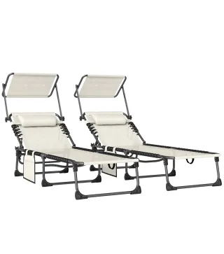 Set de 2 Tumbonas Plegables con Reposacabezas Parasol Bolsillo Lateral y Respaldo Reclinable en 5 Posiciones Crema