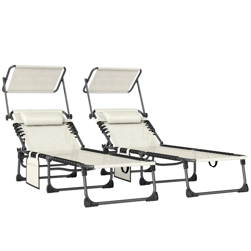 Set de 2 Tumbonas Plegables con Reposacabezas Parasol Bolsillo Lateral y Respaldo Reclinable en 5 Posiciones Crema