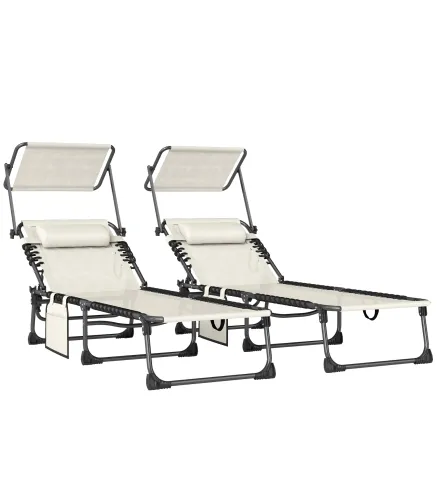 Set de 2 Tumbonas Plegables con Reposacabezas Parasol Bolsillo Lateral y Respaldo Reclinable en 5 Posiciones Crema