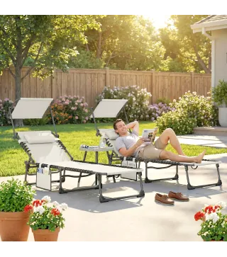 Set de 2 Tumbonas Plegables con Reposacabezas Parasol Bolsillo Lateral y Respaldo Reclinable en 5 Posiciones Crema