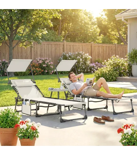 Set de 2 Tumbonas Plegables con Reposacabezas Parasol Bolsillo Lateral y Respaldo Reclinable en 5 Posiciones Crema