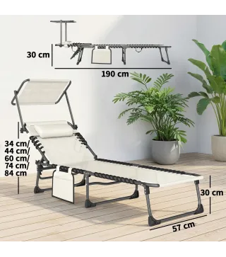 Set de 2 Tumbonas Plegables con Reposacabezas Parasol Bolsillo Lateral y Respaldo Reclinable en 5 Posiciones Crema