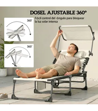 Set de 2 Tumbonas Plegables con Reposacabezas Parasol Bolsillo Lateral y Respaldo Reclinable en 5 Posiciones Crema