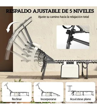 Set de 2 Tumbonas Plegables con Reposacabezas Parasol Bolsillo Lateral y Respaldo Reclinable en 5 Posiciones Crema
