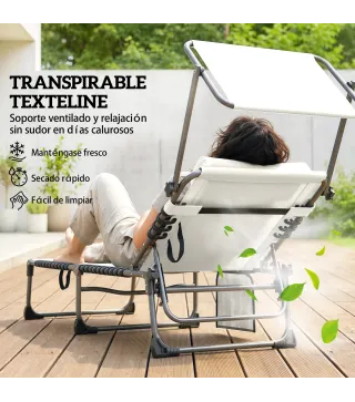 Set de 2 Tumbonas Plegables con Reposacabezas Parasol Bolsillo Lateral y Respaldo Reclinable en 5 Posiciones Crema