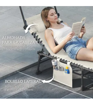 Set de 2 Tumbonas Plegables con Reposacabezas Parasol Bolsillo Lateral y Respaldo Reclinable en 5 Posiciones Crema