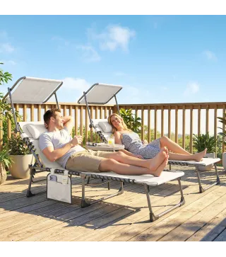 Set de 2 Tumbonas Plegables con Reposacabezas Parasol Bolsillo Lateral y Respaldo Reclinable en 5 Posiciones Crema