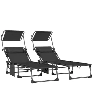 Set de 2 Tumbonas Plegables con Reposacabezas Parasol Bolsillo Lateral y Respaldo Reclinable en 5 Posiciones Negro