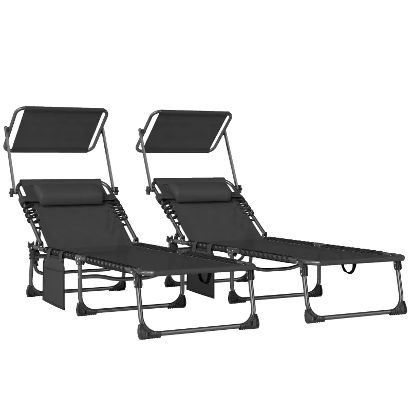 Set de 2 Tumbonas Plegables con Reposacabezas Parasol Bolsillo Lateral y Respaldo Reclinable en 5 Posiciones Negro