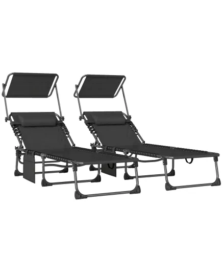 Set de 2 Tumbonas Plegables con Reposacabezas Parasol Bolsillo Lateral y Respaldo Reclinable en 5 Posiciones Negro