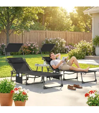 Set de 2 Tumbonas Plegables con Reposacabezas Parasol Bolsillo Lateral y Respaldo Reclinable en 5 Posiciones Negro