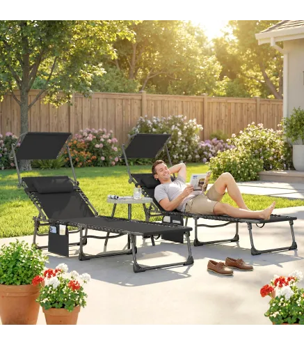 Set de 2 Tumbonas Plegables con Reposacabezas Parasol Bolsillo Lateral y Respaldo Reclinable en 5 Posiciones Negro