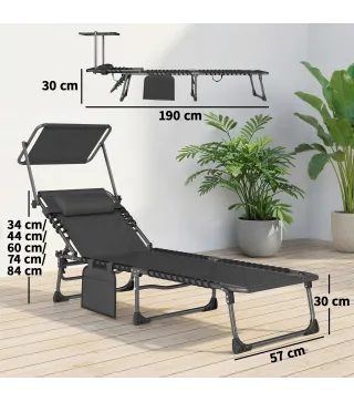 Set de 2 Tumbonas Plegables con Reposacabezas Parasol Bolsillo Lateral y Respaldo Reclinable en 5 Posiciones Negro