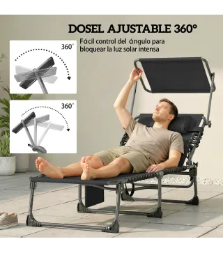 Set de 2 Tumbonas Plegables con Reposacabezas Parasol Bolsillo Lateral y Respaldo Reclinable en 5 Posiciones Negro