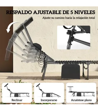 Set de 2 Tumbonas Plegables con Reposacabezas Parasol Bolsillo Lateral y Respaldo Reclinable en 5 Posiciones Negro