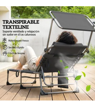 Set de 2 Tumbonas Plegables con Reposacabezas Parasol Bolsillo Lateral y Respaldo Reclinable en 5 Posiciones Negro
