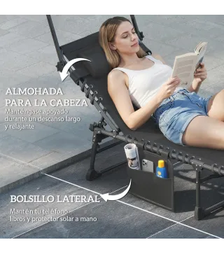 Set de 2 Tumbonas Plegables con Reposacabezas Parasol Bolsillo Lateral y Respaldo Reclinable en 5 Posiciones Negro