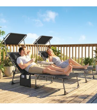 Set de 2 Tumbonas Plegables con Reposacabezas Parasol Bolsillo Lateral y Respaldo Reclinable en 5 Posiciones Negro