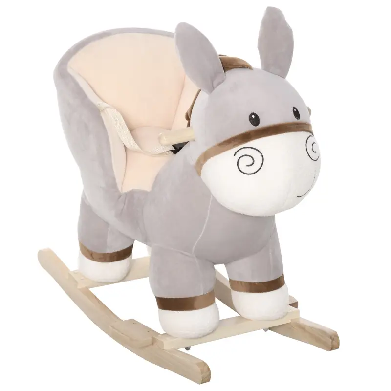 Caballito Balancín Infantil en Forma de Burro de Felpa para Bebés 18-36 Meses con Sonido y Cinturón 61x34x58 cm Gris