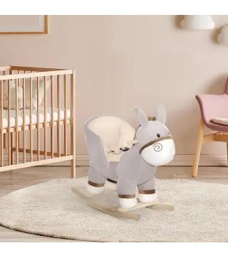 Caballito Balancín Infantil en Forma de Burro de Felpa para Bebés 18-36 Meses con Sonido y Cinturón 61x34x58 cm Gris