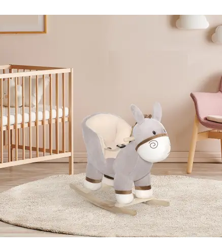 Caballito Balancín Infantil en Forma de Burro de Felpa para Bebés 18-36 Meses con Sonido y Cinturón 61x34x58 cm Gris