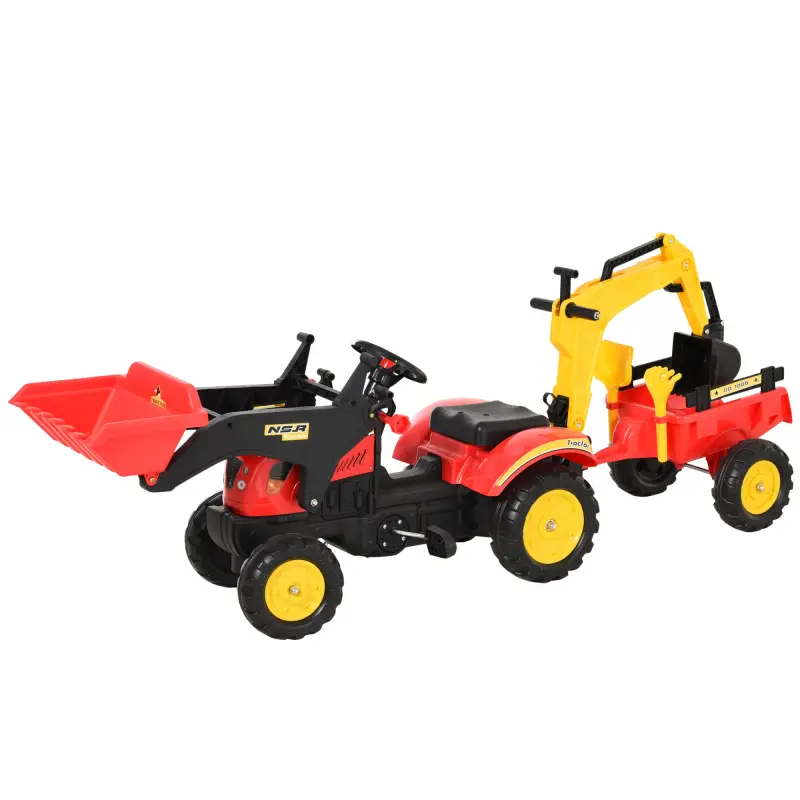Tractor a Pedales con Remolque Excavador con Pala Frontal Juguete de Conducción para Mayores de 3 Años Dirección y Palas Fáciles