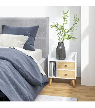 Mesilla de Noche con 2 Cajones Grandes y 1 Estante Abierto y Patas Elevadas de Pino Diseño Nórdico 43x30x49 cm