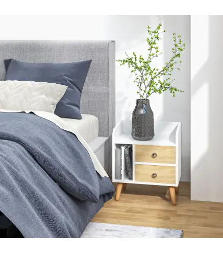 Mesilla de Noche con 2 Cajones Grandes y 1 Estante Abierto y Patas Elevadas de Pino Diseño Nórdico 43x30x49 cm