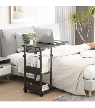 Mesa Auxiliar con Ruedas 80x40 cm Mesa para Sofá en Forma de C con Altura Ajustable 3 Niveles de 72-82 cm Marco de Metal para Sa