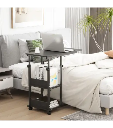 Mesa Auxiliar con Ruedas 80x40 cm Mesa para Sofá en Forma de C con Altura Ajustable 3 Niveles de 72-82 cm Marco de Metal