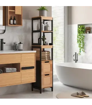 Armario Alto para Baño con 3 Estantes y 2 Cajones Estilo Moderno 30x30x144,3 cm Negro y Natural