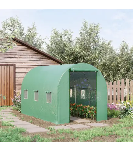 Invernadero de Jardín 3,5x2 m Invernadero de Túnel con Marco de Acero y Cubierta de Polietileno PE 140 g/m² Verde