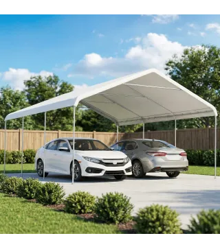 Carpa Garaje Portátil 5x6 m con Estructura de Acero Galvanizado Impermeable Anti-UV Cobertizo para Herramientas Crema