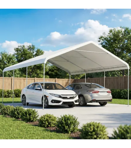 Carpa Garaje Portátil 5x6 m con Estructura de Acero Galvanizado Impermeable Anti-UV Cobertizo para Herramientas Crema