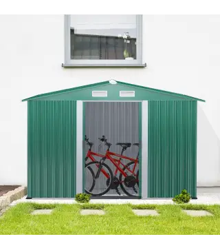 Caseta de Metálico 258x206x178 cm 5,3m² con Puertas Correderas y Ventilaciones para Almacenamiento de Herramientas Verde