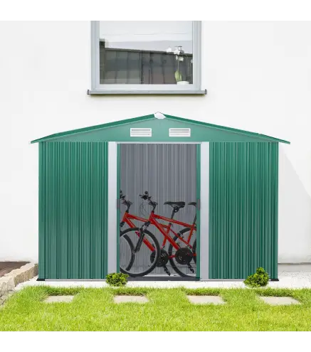 Caseta de Metálico 258x206x178 cm 5,3m² con Puertas Correderas y Ventilaciones para Almacenamiento de Herramientas Verde
