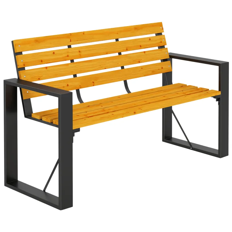 Banco de Jardín Exterior de 2 Plazas con Respaldo y Asiento Listonado de Madera Marco de Acero 136x54x82 cm Natural