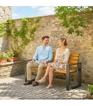 Banco de Jardín Exterior de 2 Plazas con Respaldo y Asiento Listonado de Madera Marco de Acero 136x54x82 cm Natural