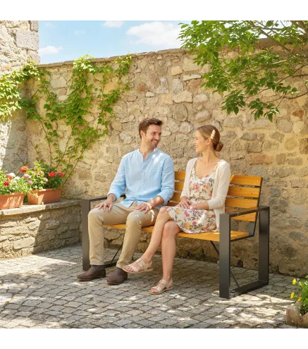 Banco de Jardín Exterior de 2 Plazas con Respaldo y Asiento Listonado de Madera Marco de Acero 136x54x82 cm Natural