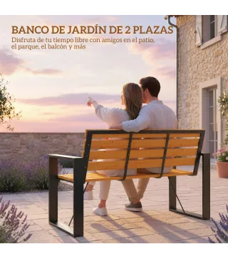 Banco de Jardín Exterior de 2 Plazas con Respaldo y Asiento Listonado de Madera Marco de Acero 136x54x82 cm Natural