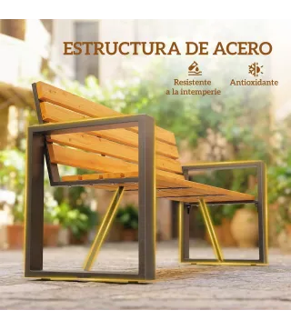 Banco de Jardín Exterior de 2 Plazas con Respaldo y Asiento Listonado de Madera Marco de Acero 136x54x82 cm Natural