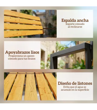 Banco de Jardín Exterior de 2 Plazas con Respaldo y Asiento Listonado de Madera Marco de Acero 136x54x82 cm Natural