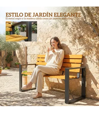 Banco de Jardín Exterior de 2 Plazas con Respaldo y Asiento Listonado de Madera Marco de Acero 136x54x82 cm Natural