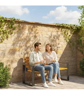 Banco de Jardín Exterior de 2 Plazas con Respaldo y Asiento Listonado de Madera Marco de Acero 136x54x82 cm Natural