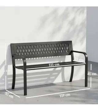 Banco de Jardín Exterior de 2 Plazas con Asiento Listonado Reposabrazos y Marco de Acero 119x50x75 cm Negro